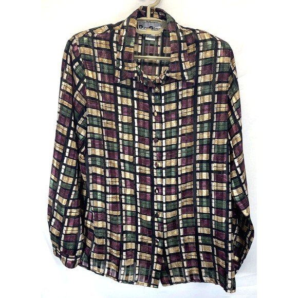 Dana Gibson Women's Size M Shoulder Pads Semi Sheer Metallic Top Blouse RN97799 - Picture 1 of 7